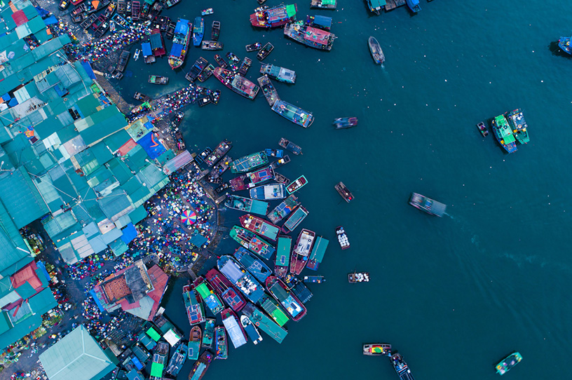 A photo of a fishing village in Halong Bay taken while flying in a seaplane