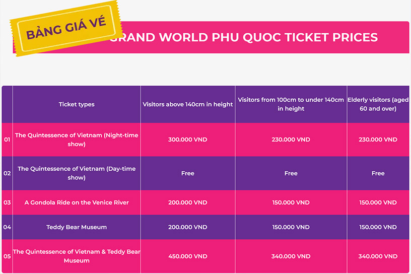 Ticket Prices for Grand World Phu Quoc