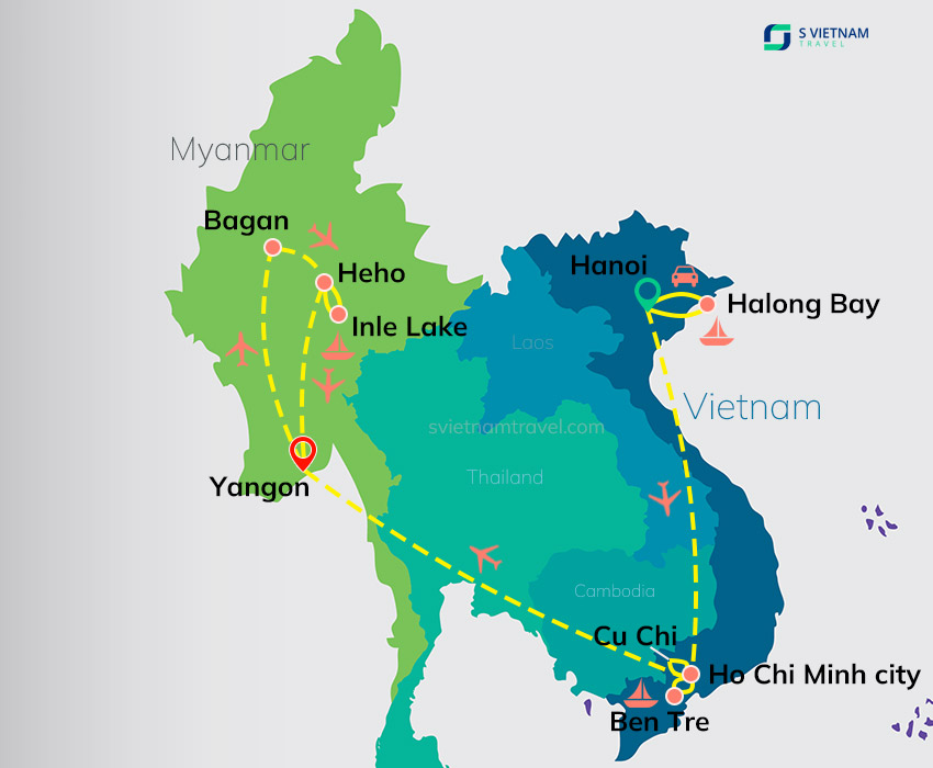 Tour map - Highlights Of Vietnam And Myanmar