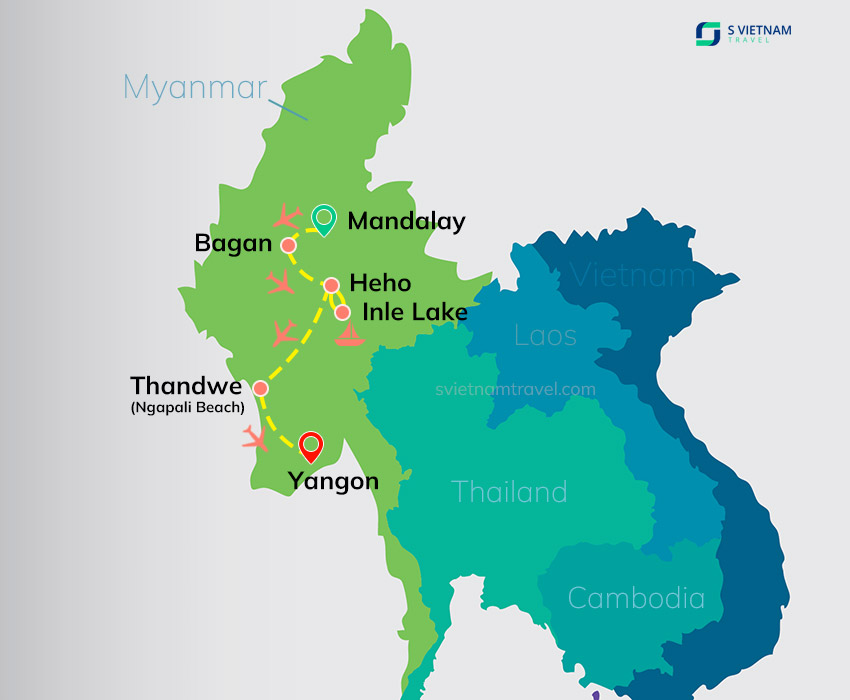 Tour map - Myanmar Honeymoon